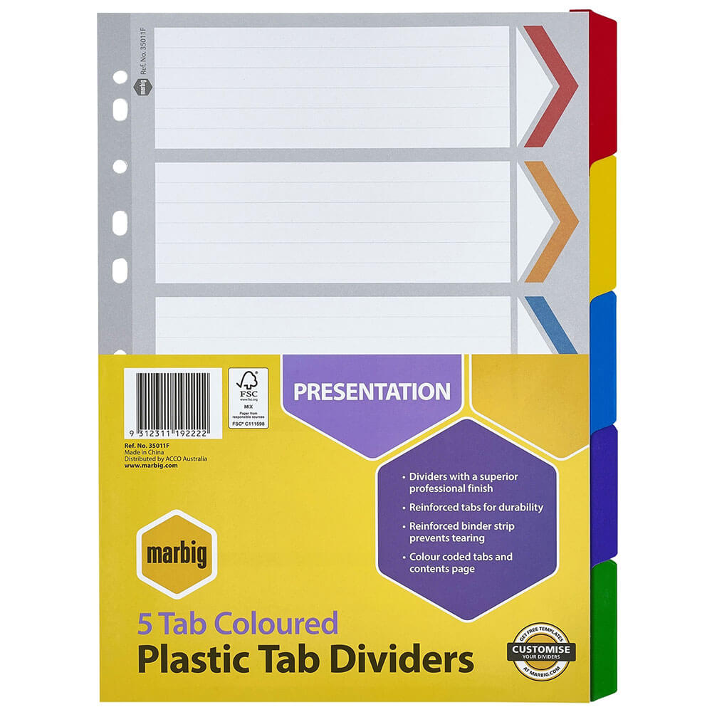 Marbig Manilla Plastic Tab Dividers A4 (farvet)