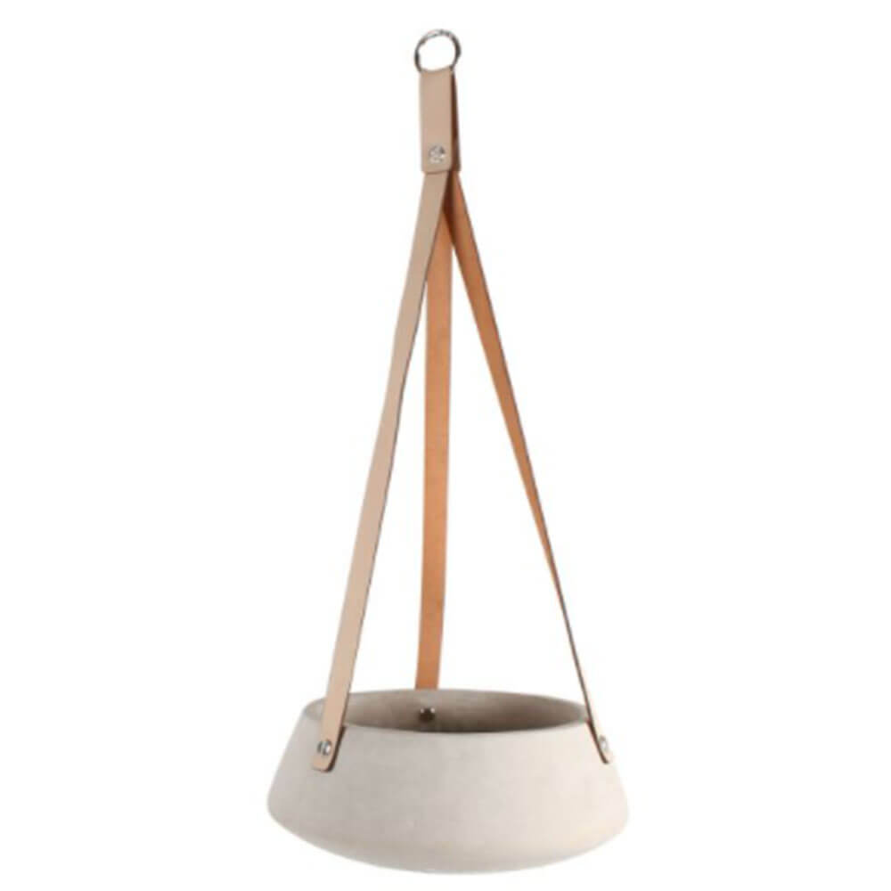 Concrete Hanging Pot w/ Tan PU Leather Strap